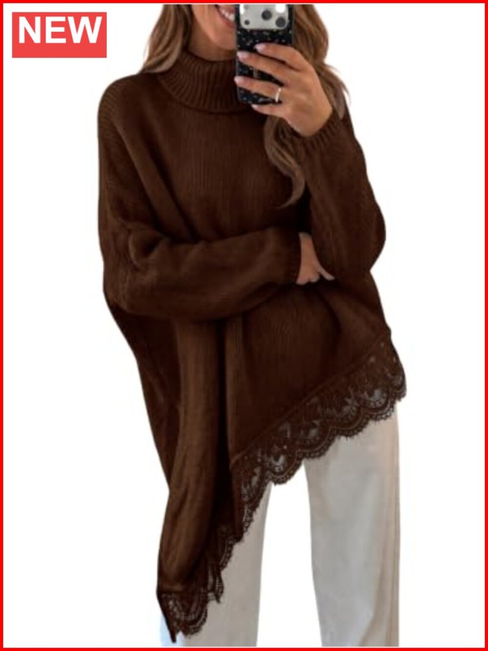 Women's Oversized Turtleneck Sweater Batwing Sleeve Lace Hem Tunic Top